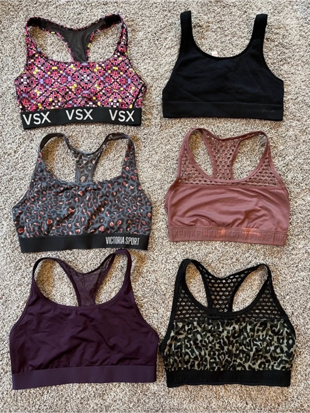 VSX Mixed Pack Sports Bras in Pink, Black, Mauve, Plum & Leopard